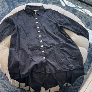 TULIP Black Button-Up long Women's Blouse gathered fun detail in back
